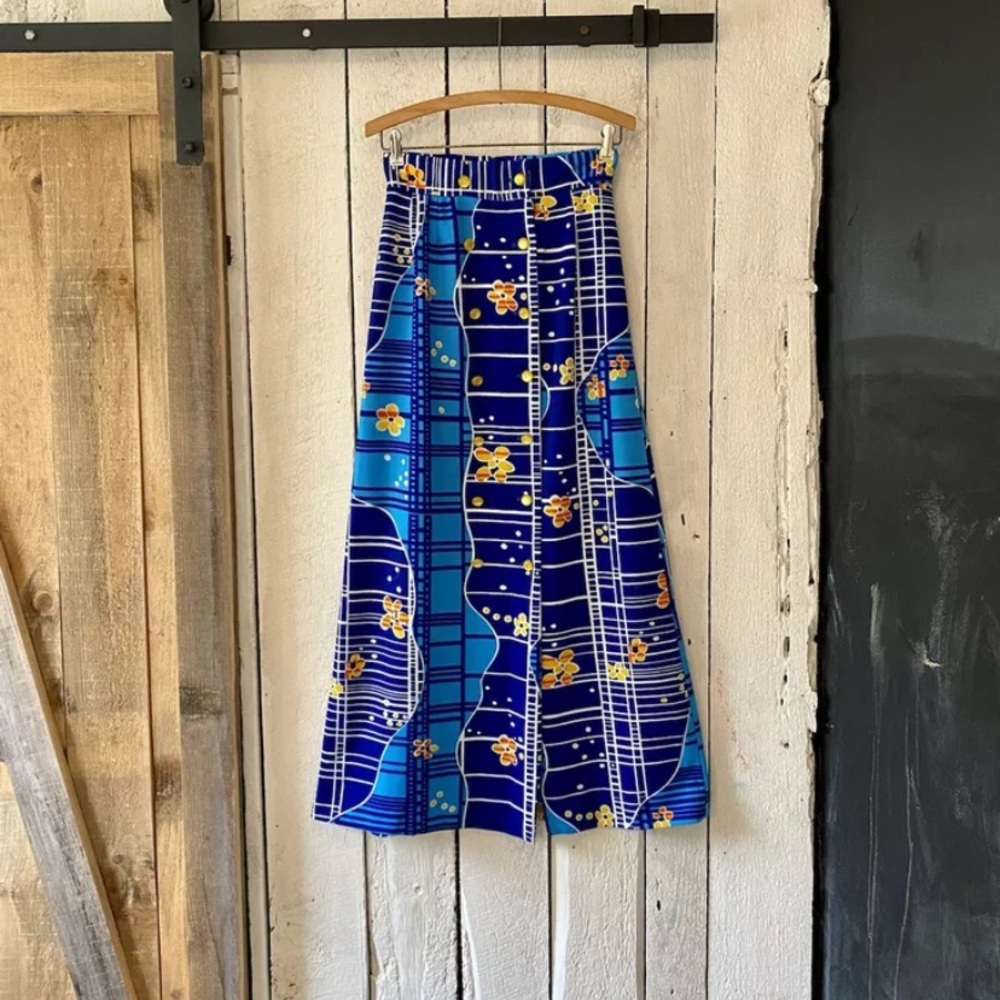 Vintage 70s Blue White Geo Floral Straight Pencil Maxi Button Down Skirt size M